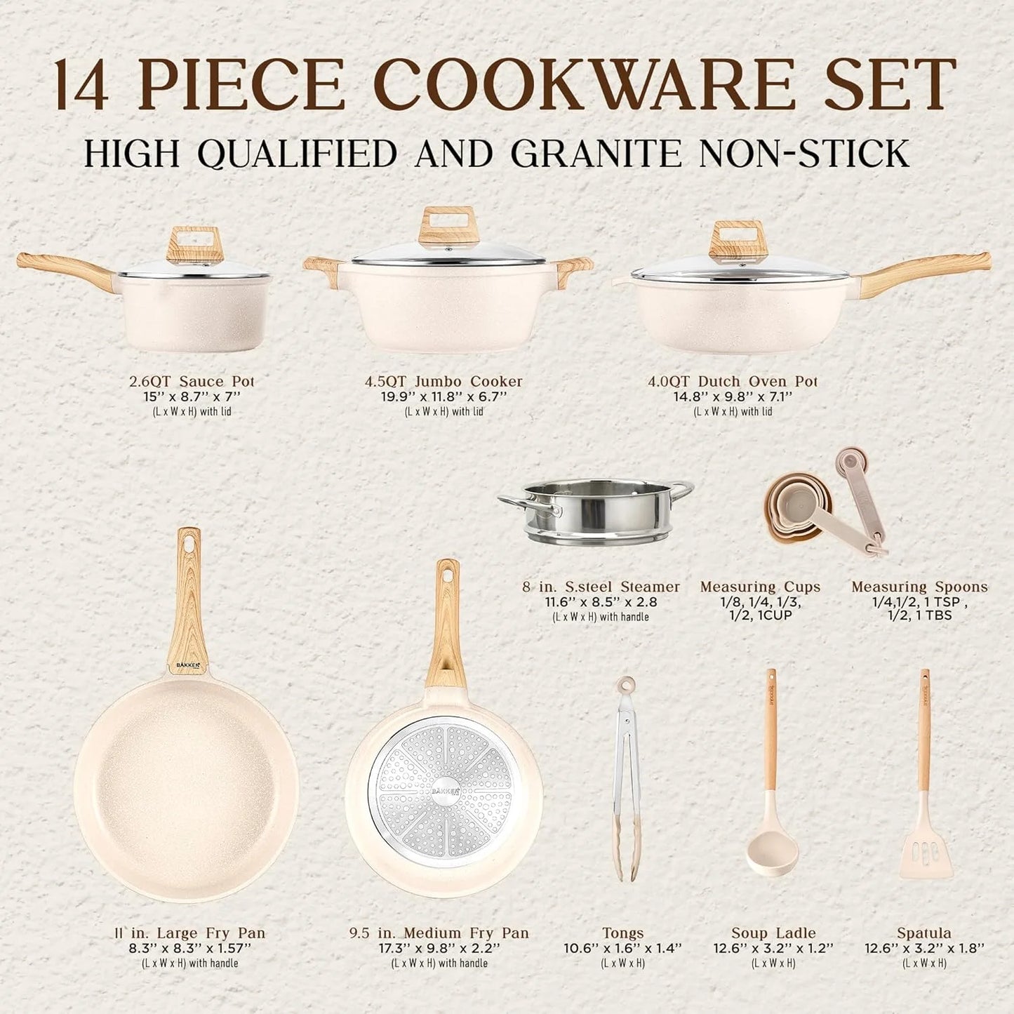 Bakken-Swiss 14-Piece Kitchen Cookware Set – Granite Non-Stick – Eco-Friendly – for All Stoves & Oven-Safe