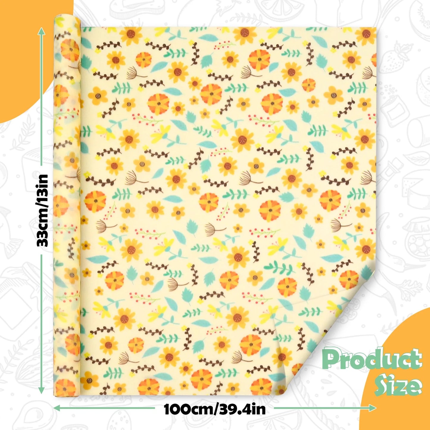 Beeswax Wraps for Food, Large 39.4’’ X 13’’ Beeswax Wrap Roll, Reusable Beeswax Paper Food Wrap for Bread Sandwich Wrapper Bowl Covers, Sunflower