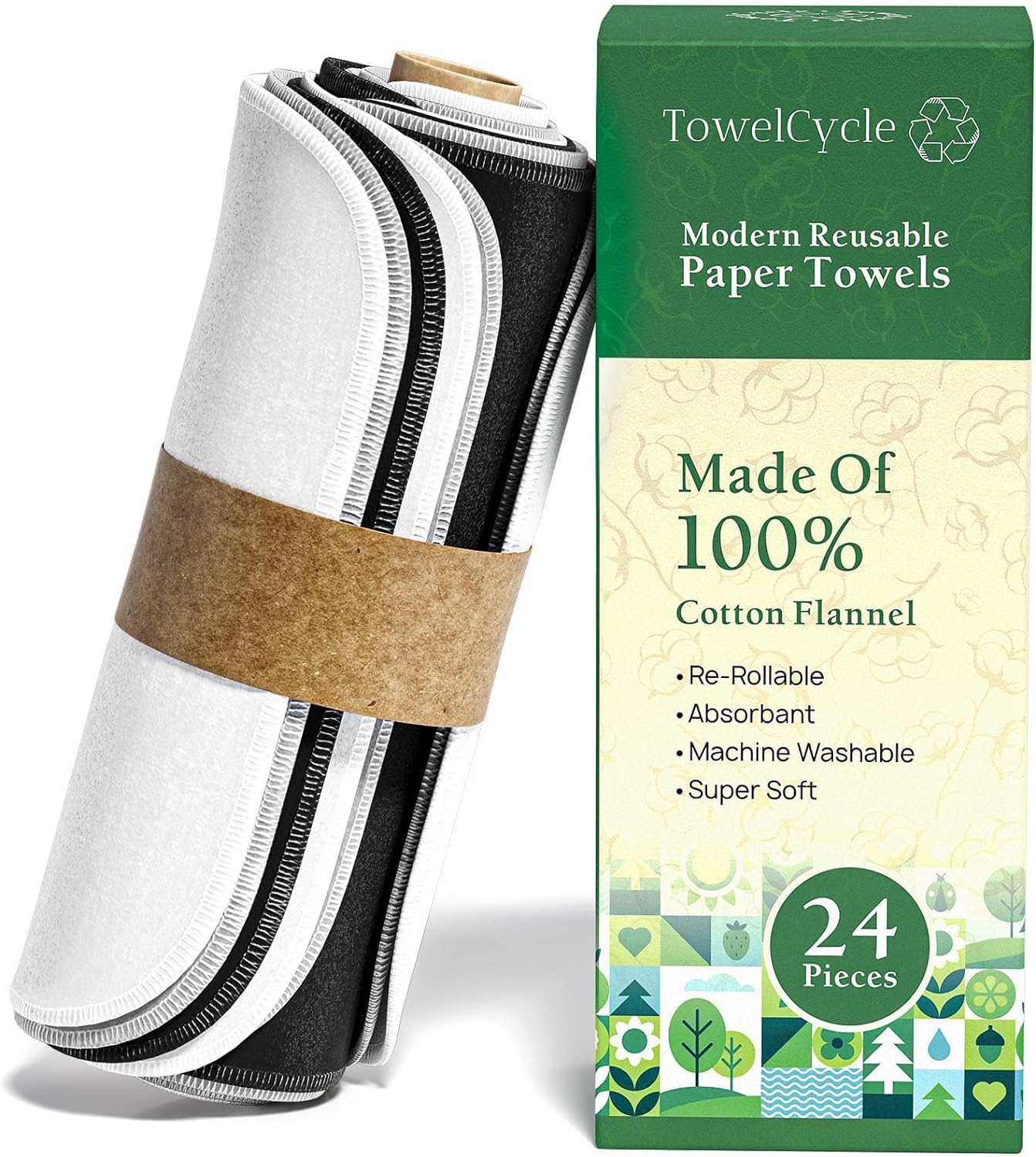 Reusable Paper Towels (24 Pack) - 100% Cotton Hand Towels for Kitchen