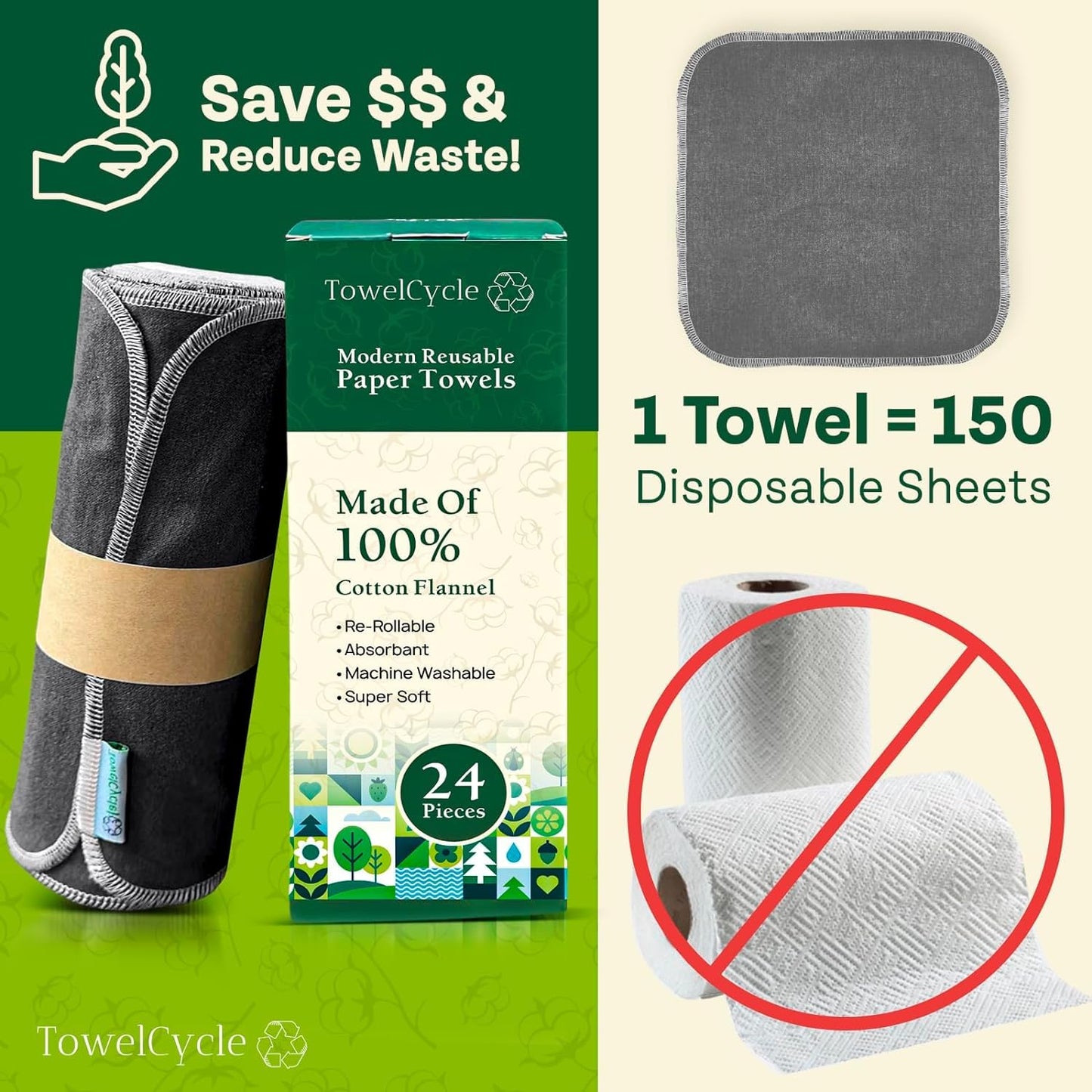 Reusable Paper Towels (24 Pack) - 100% Cotton Hand Towels for Kitchen