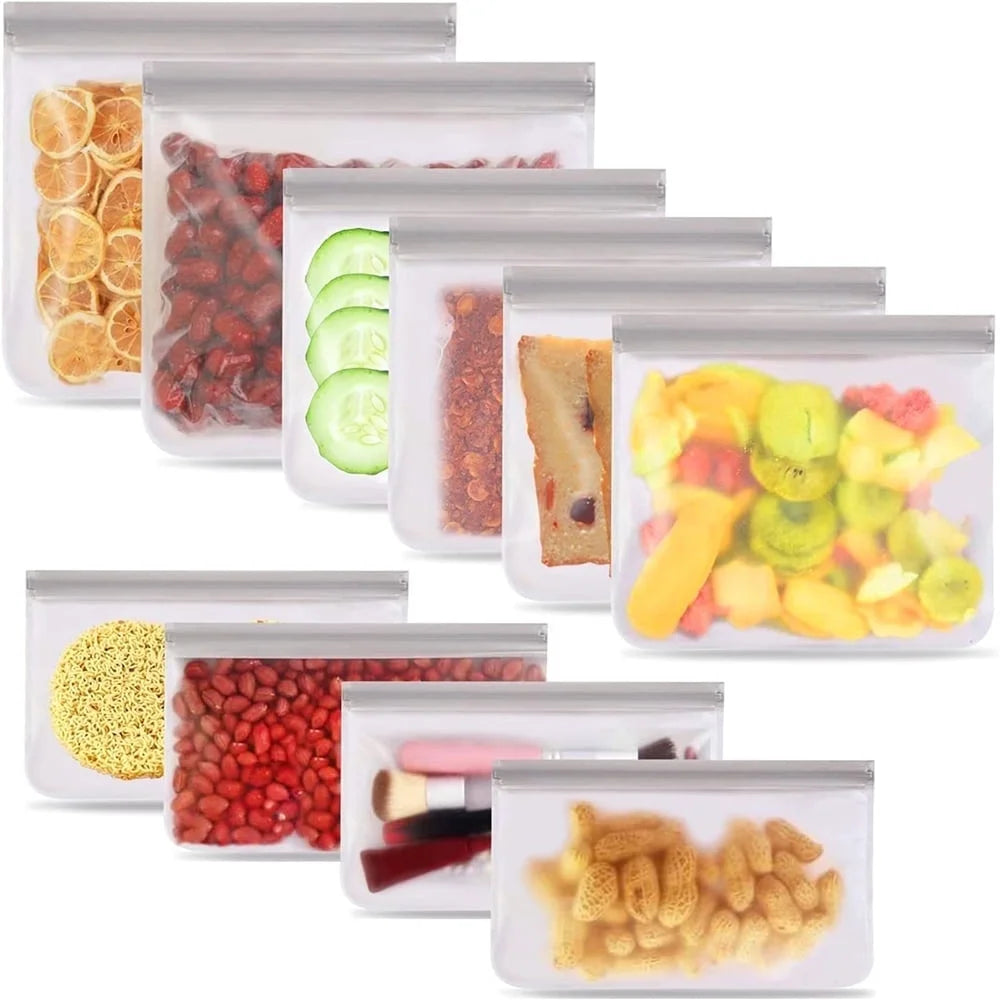 10 Pack Silicone Reusable Ziplock Bags - Leakproof, BPA Free Food Storage for Lunch, Marinating & Travel
