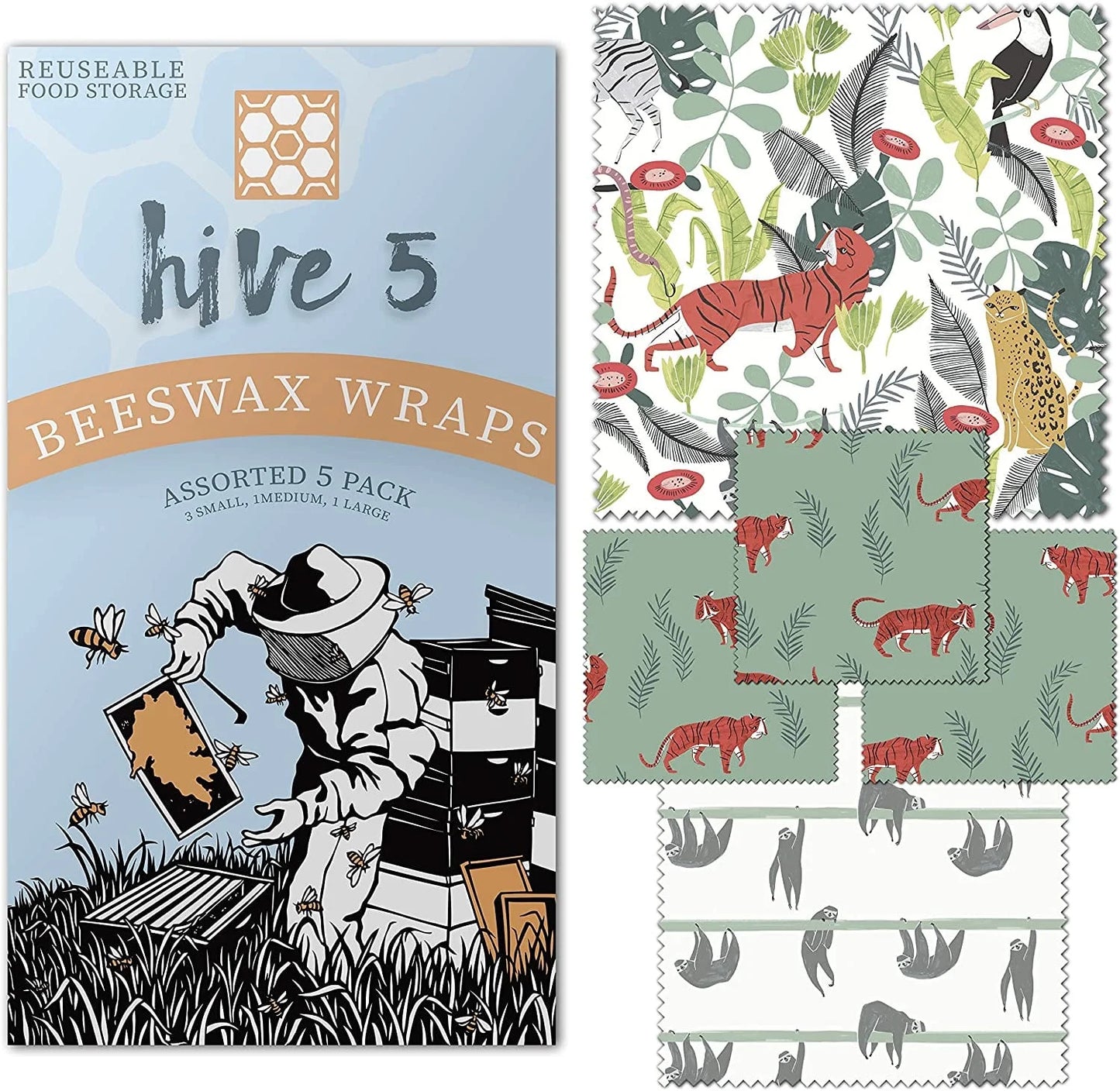 5 Pack Reusable Beeswax Organic Food Sandwich Wrapping Paper Covers Set 3S,1M,1L