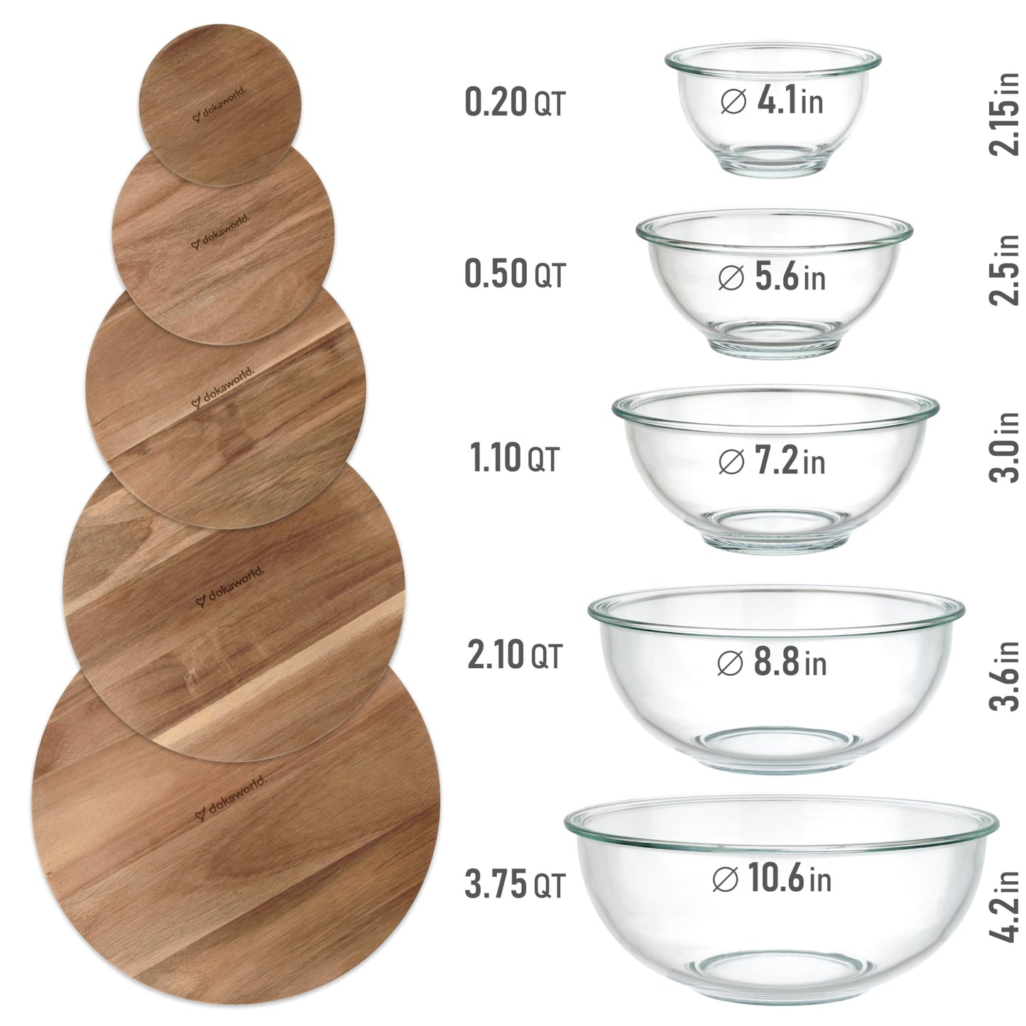 Stackable Space-Saving Set of 5 Nesting Glass Bowls with Acacia Lids