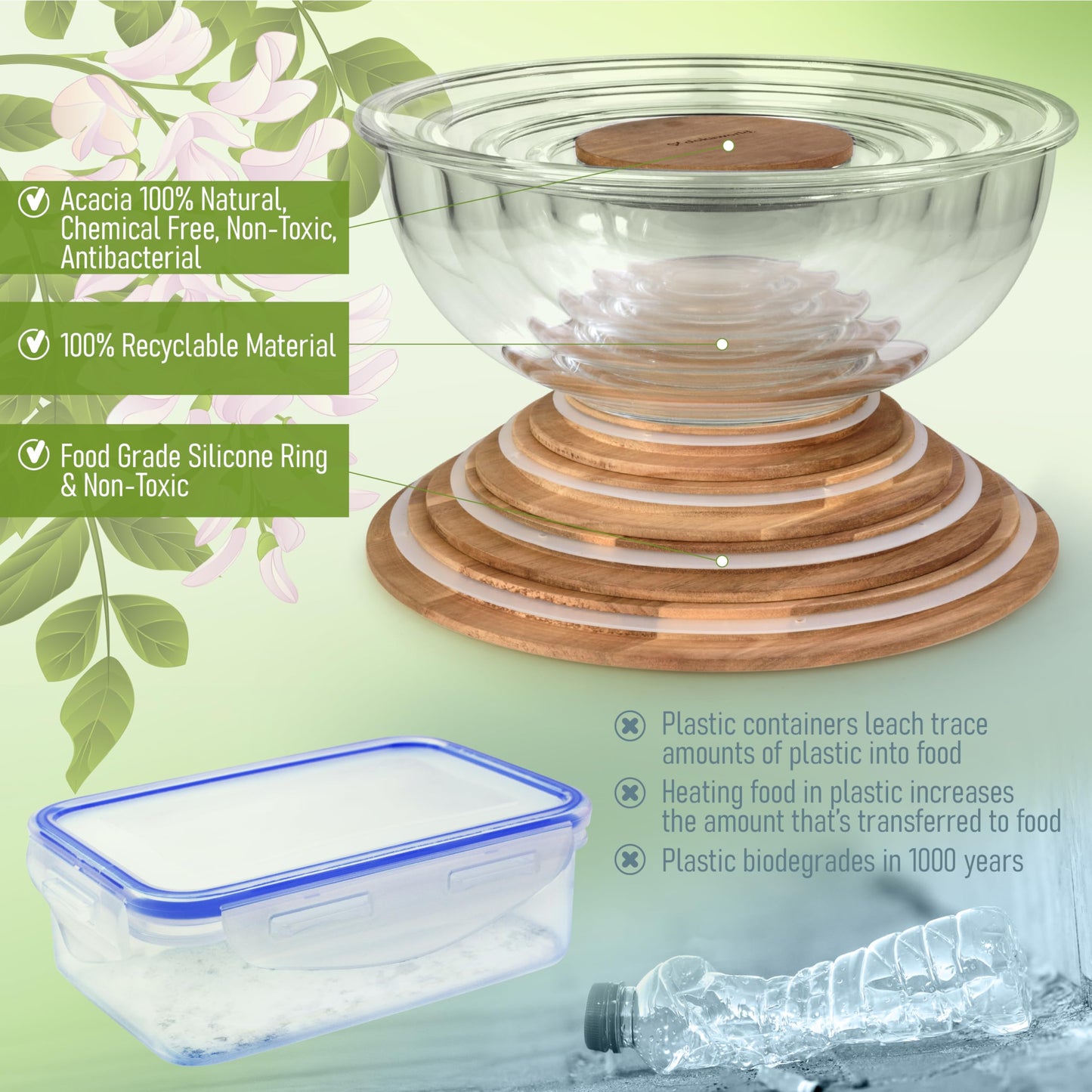 Stackable Space-Saving Set of 5 Nesting Glass Bowls with Acacia Lids