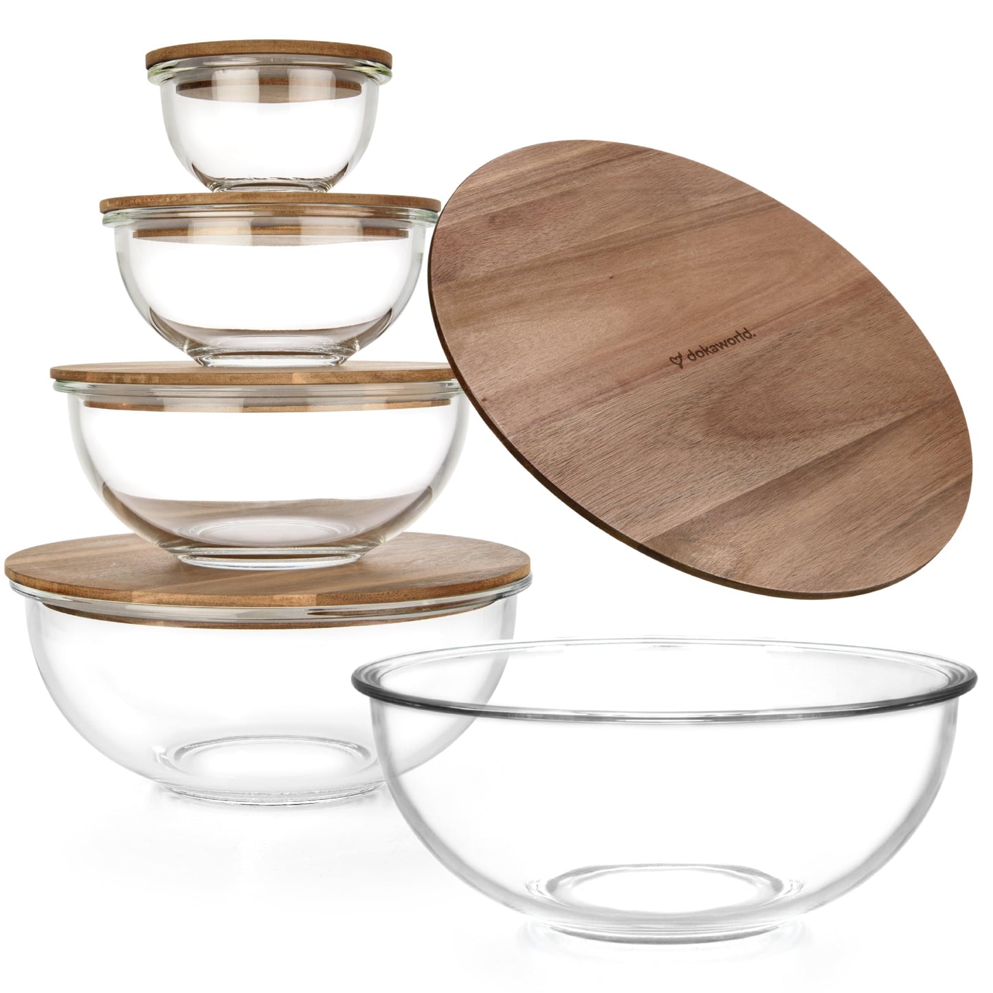 Stackable Space-Saving Set of 5 Nesting Glass Bowls with Acacia Lids