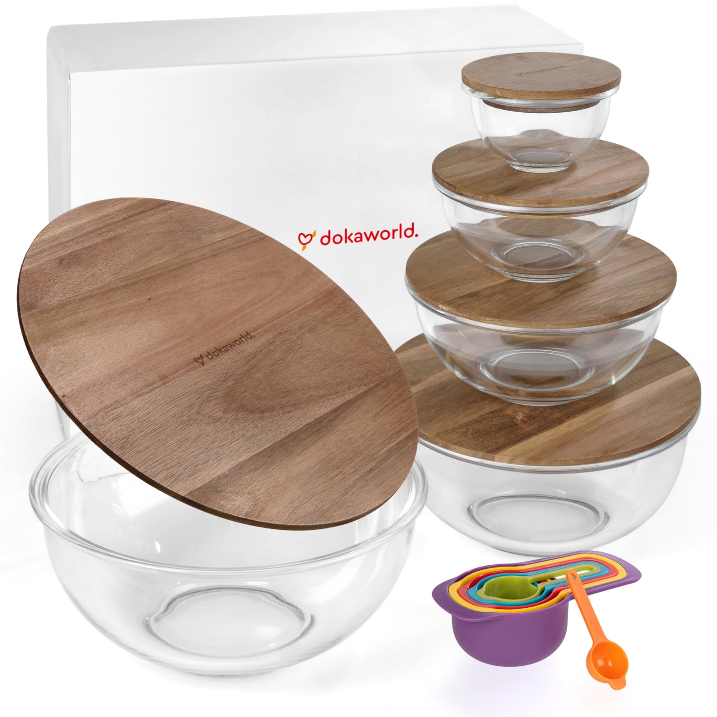 Stackable Space-Saving Set of 5 Nesting Glass Bowls with Acacia Lids