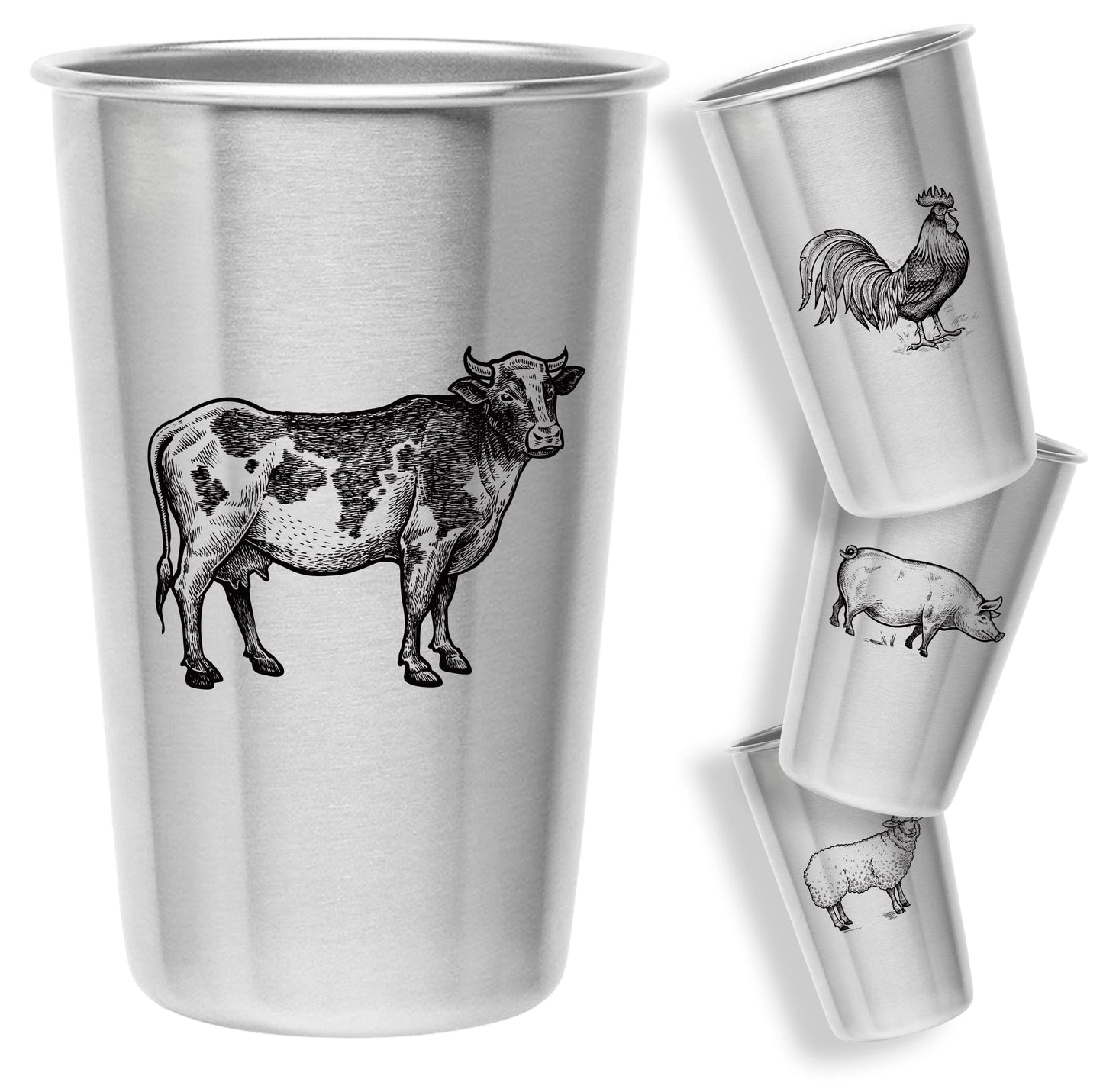 Magic Pine Kid-proof Cups (Farm Animal designs) - Set of 4 Stainless Steel Cups (16oz)