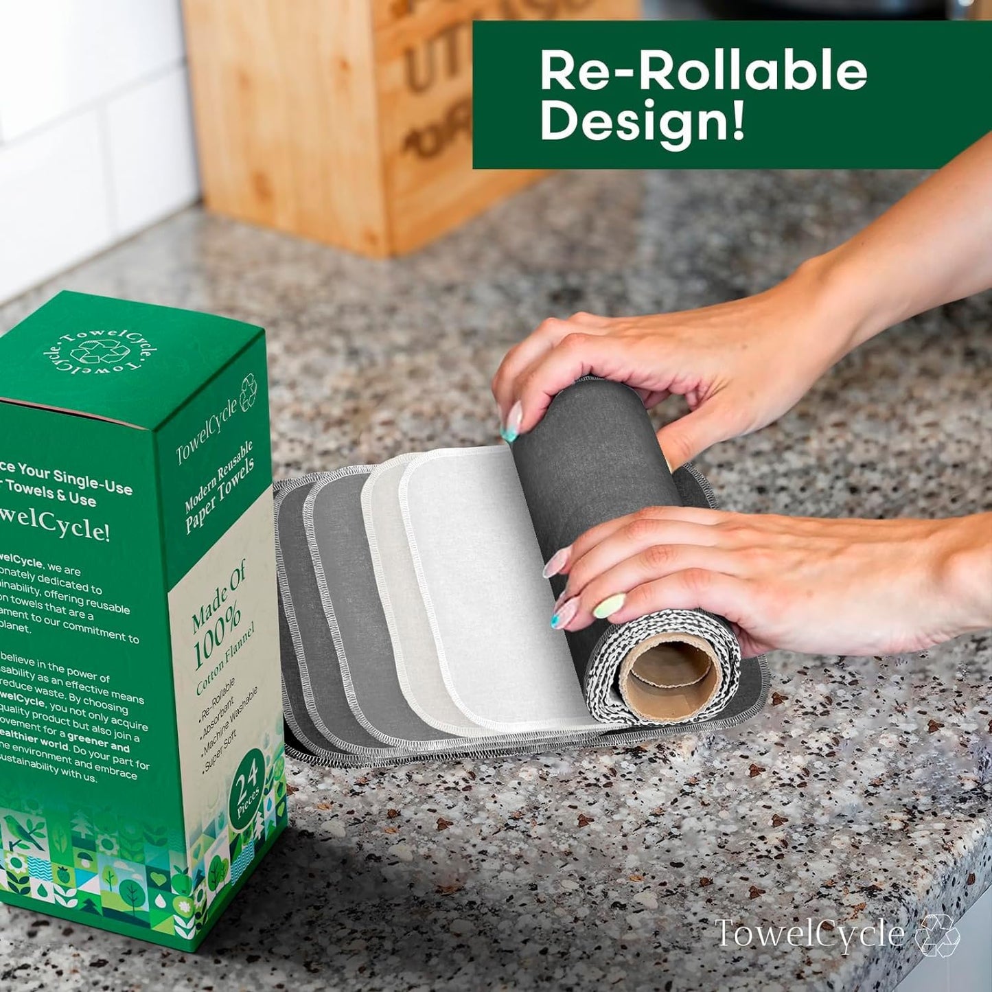 Reusable Paper Towels (24 Pack) - 100% Cotton Hand Towels for Kitchen