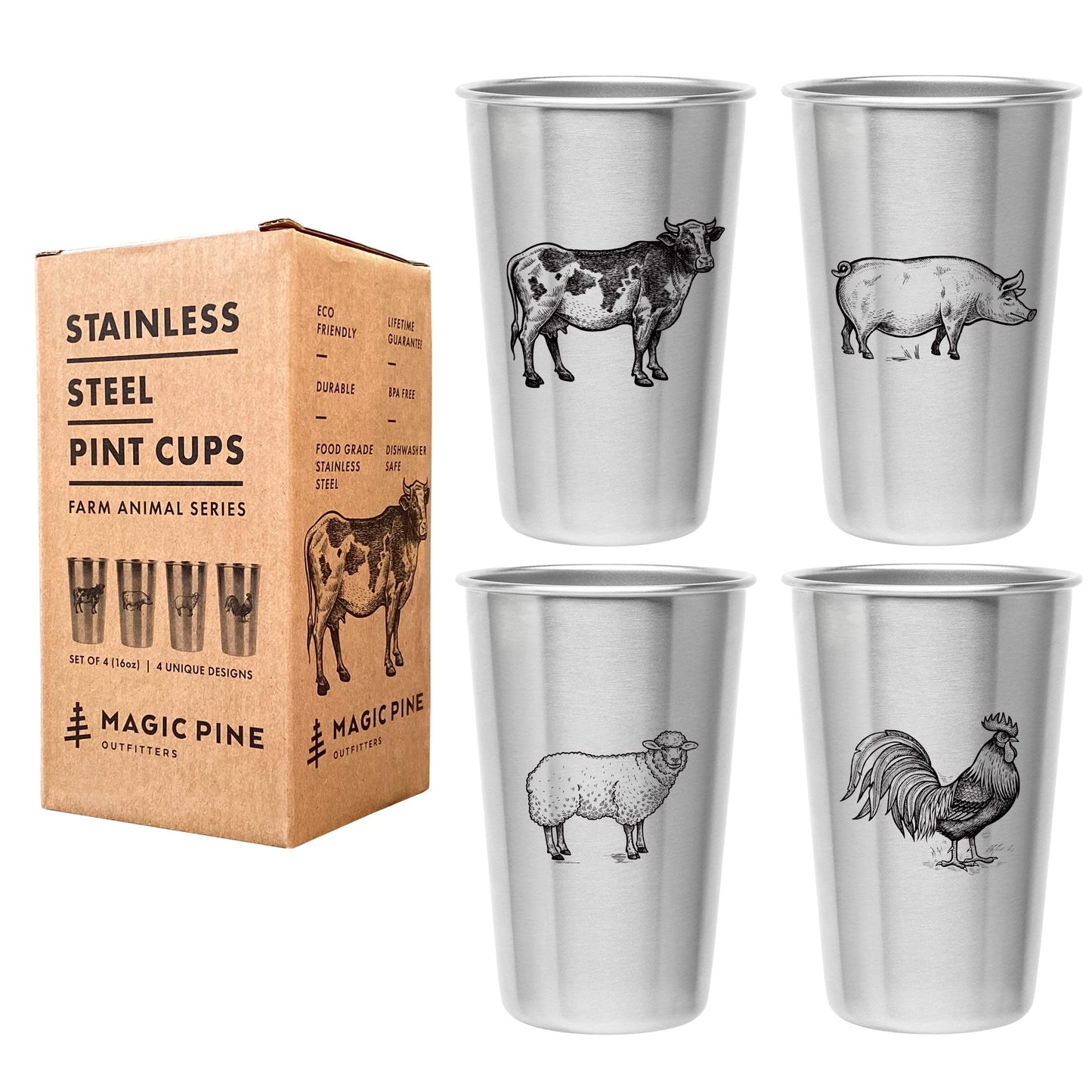 Magic Pine Kid-proof Cups (Farm Animal designs) - Set of 4 Stainless Steel Cups (16oz)