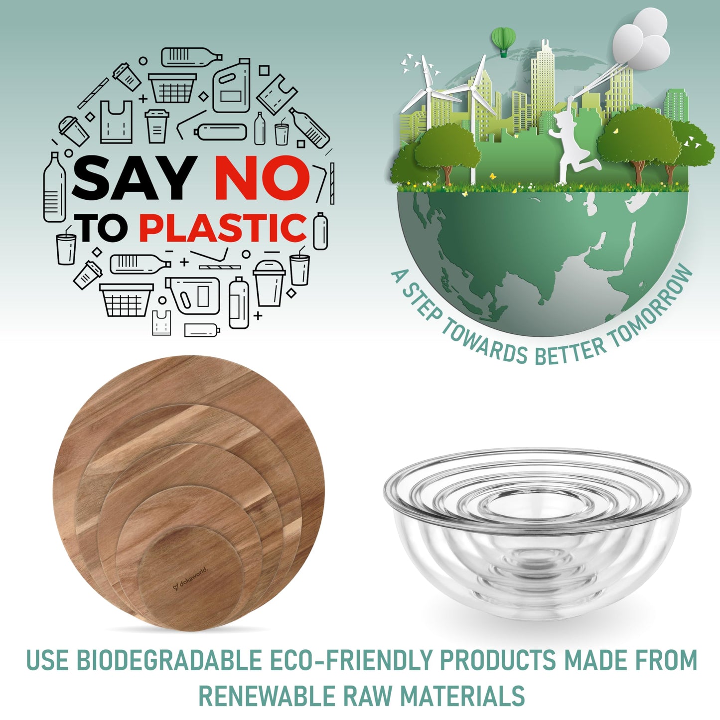 Stackable Space-Saving Set of 5 Nesting Glass Bowls with Acacia Lids