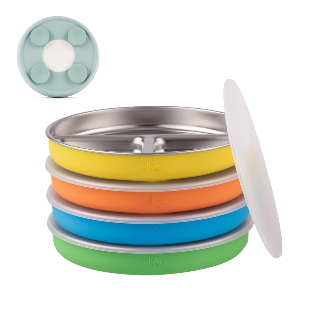 Elk and Friends Stainless Steel Divided Plates with Silicone Sleeve for Babies & Toddlers | Lids Included | Stay Put Suction | Dinner & Snack Plates | 4 Pack