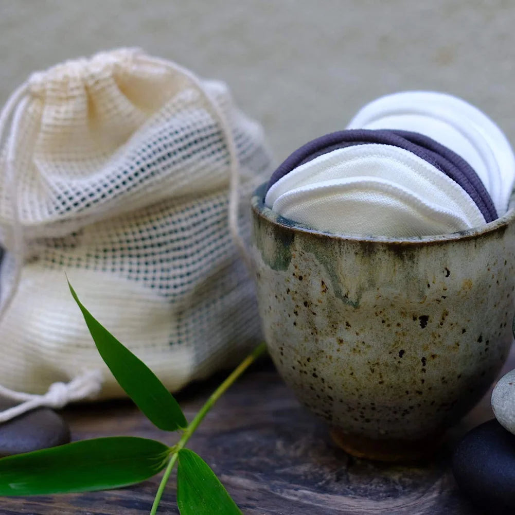 16 Packs Organic Reusable Makeup Remover Pads, Washable Eco-Friendly Natural Bamboo Cotton Rounds for All Skin Types with Cotton Laundry Bag