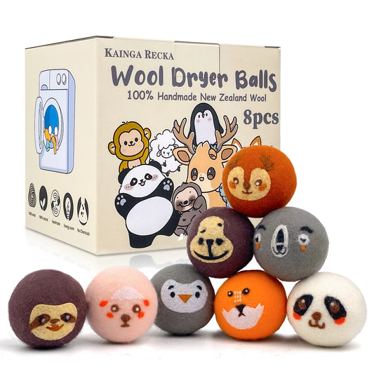 Wool Dryer Balls, 8 Pack Organic Dryer Balls with Cute Animal Pattern, 100% New Zealand Wool