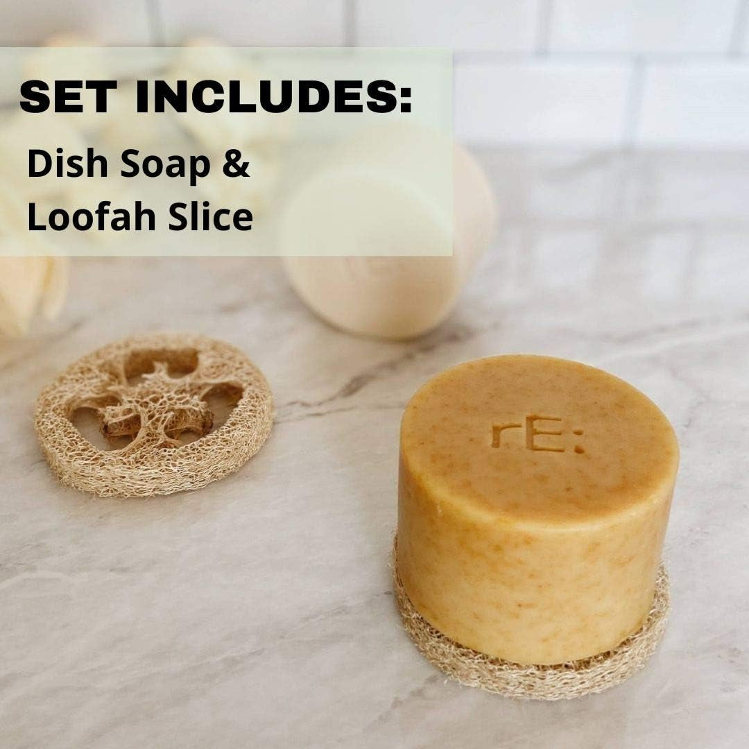 Eco-Friendly Dish Washing Soap Bar with Loofah Holder - Palm Oil Free, Zero Waste, Plastic Free, No Artificial Dyes or Fragrance (1, Unscented)