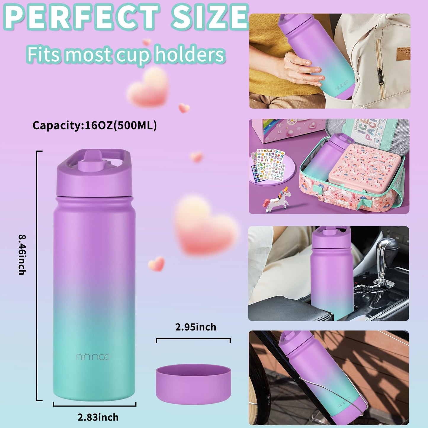 Girls Water Bottle for School, 16oz Stainless Steel
