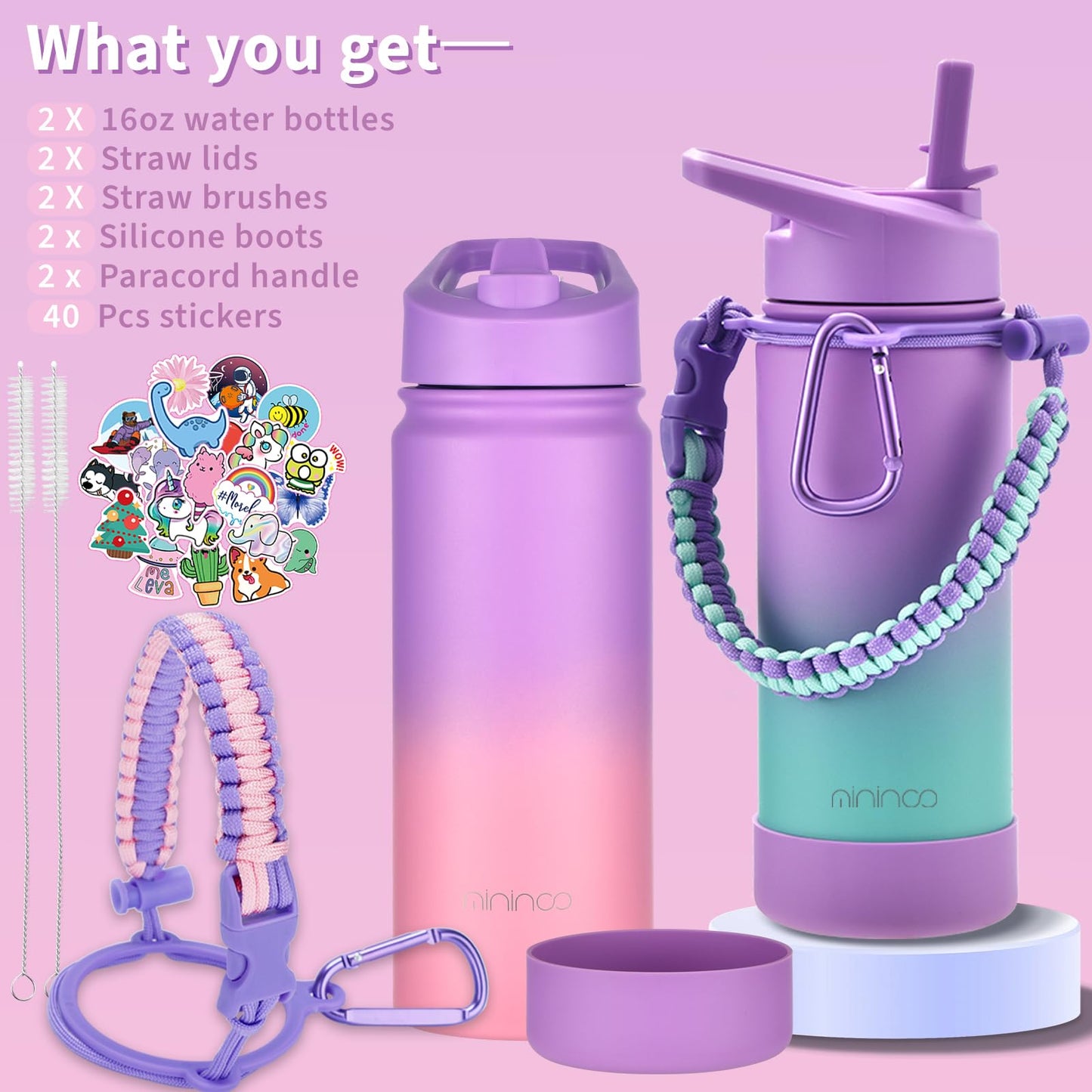 Girls Water Bottle for School, 16oz Stainless Steel