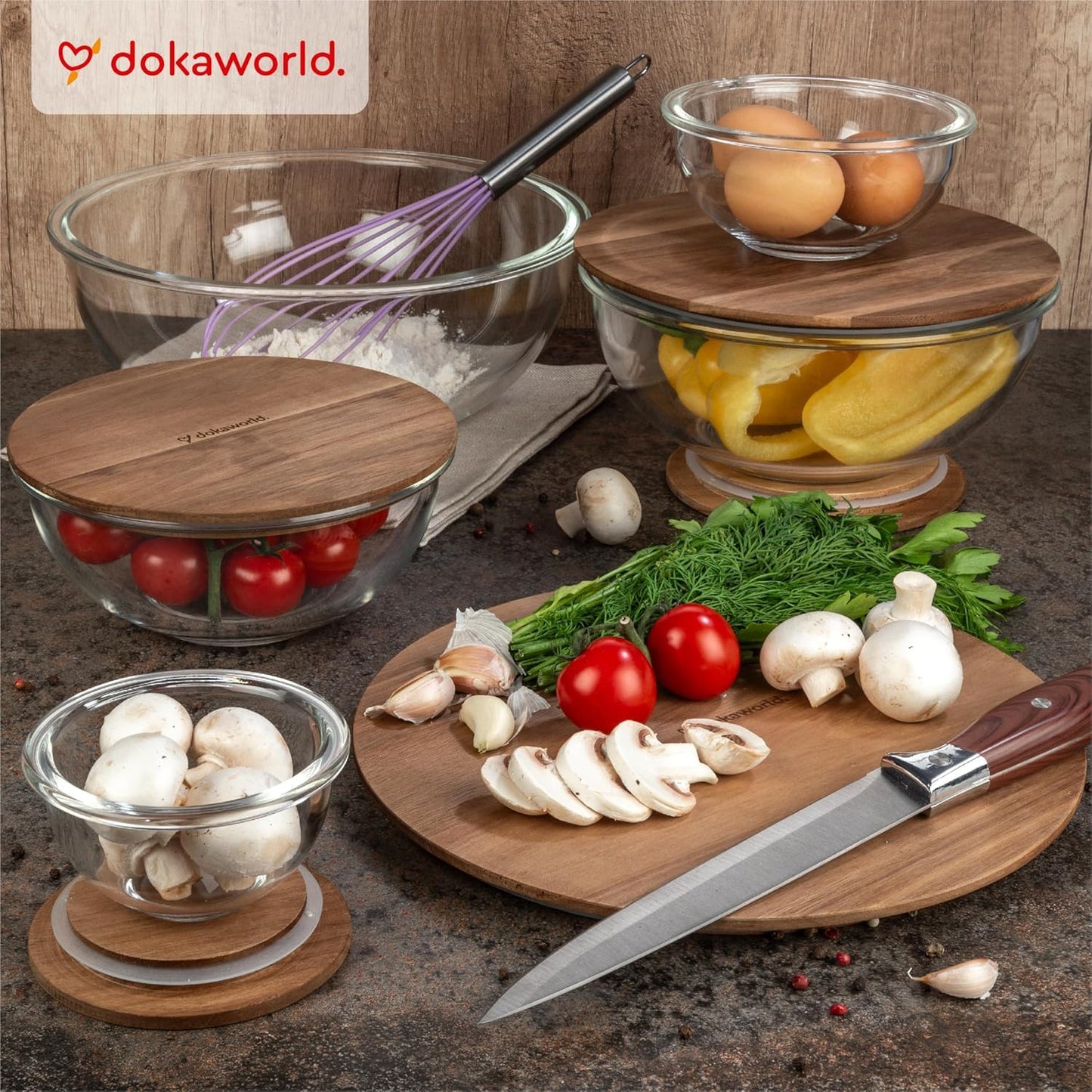 Stackable Space-Saving Set of 5 Nesting Glass Bowls with Acacia Lids