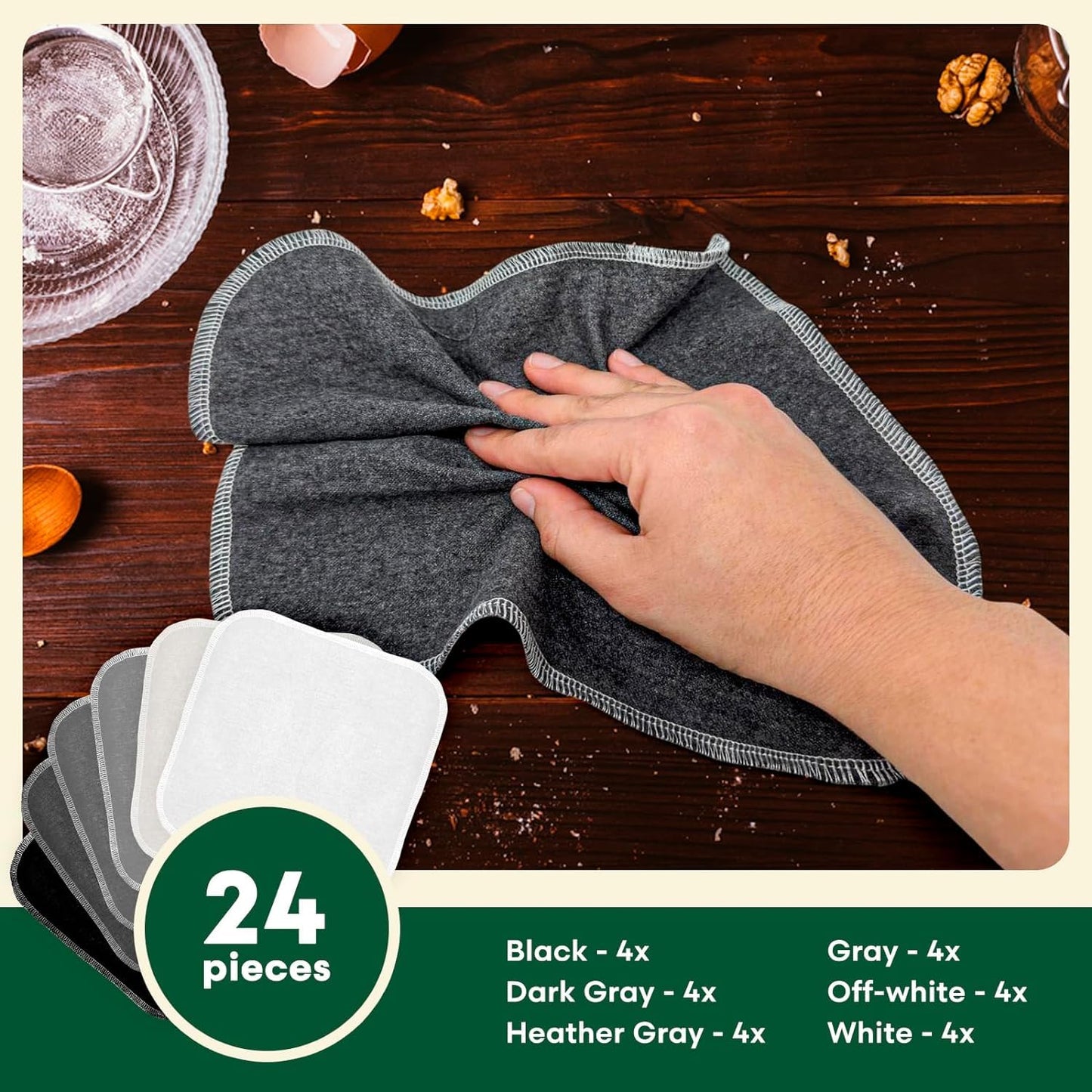 Reusable Paper Towels (24 Pack) - 100% Cotton Hand Towels for Kitchen