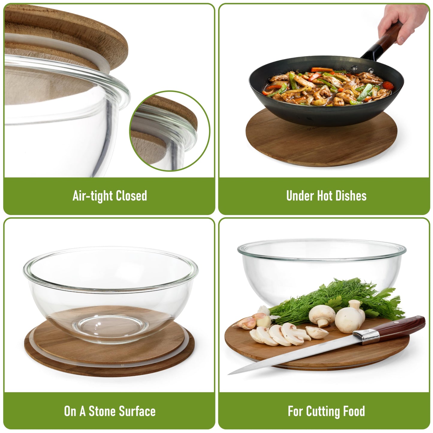 Stackable Space-Saving Set of 5 Nesting Glass Bowls with Acacia Lids