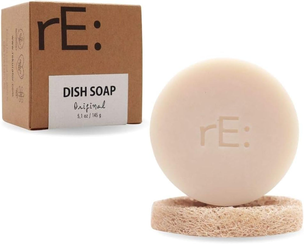 Eco-Friendly Dish Washing Soap Bar with Loofah Holder - Palm Oil Free, Zero Waste, Plastic Free, No Artificial Dyes or Fragrance (1, Unscented)